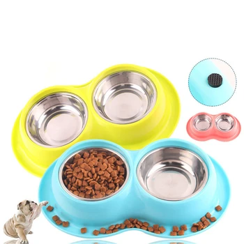 

Stainless Steel Pet Double Bowl Cat Dog Leak-Proof Food Bowls Non-slip Puppy Feeding Dish Pets Feeder Big Doggy Tableware