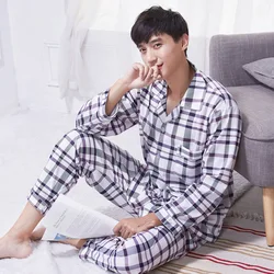 Men's Cotton Pajamas Double Sided Cardigan Long-sleeved Trousers Comfortable Breathable Homewear Printing Loose Plus Size Suits