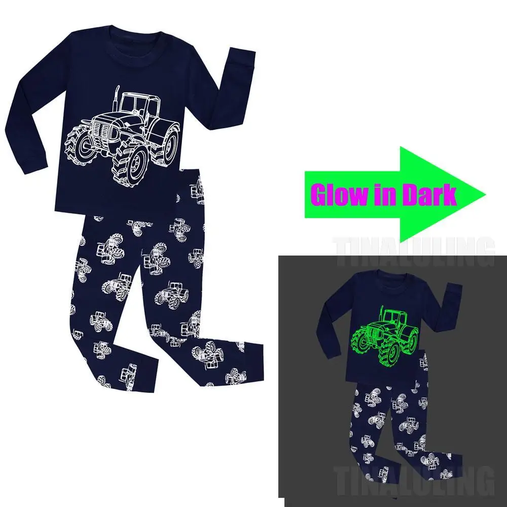 Glow in The Dark Tractor Dinosaur PJ Gifts Infantil Pijama Kids Love 2pc Full Sleeve Boys and Girls Pajama Sets Children Pajamas