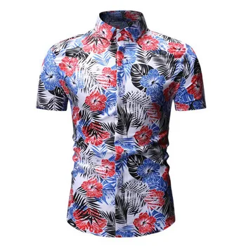 

2019 Mens Shirt New Fashion Summer Casual Men's Slim Fit Short Sleeve Printed Stand Collar Button Shirt Top Blouse Homme Camisas