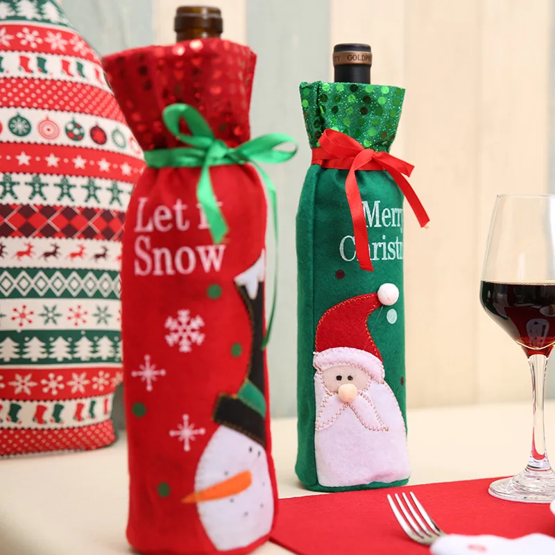 

Sequins Fabric Santa Claus Snowman Wine Bottle Cover for 2019 New Year Xmas Party Dining Table Decorations Gift Bag SD232