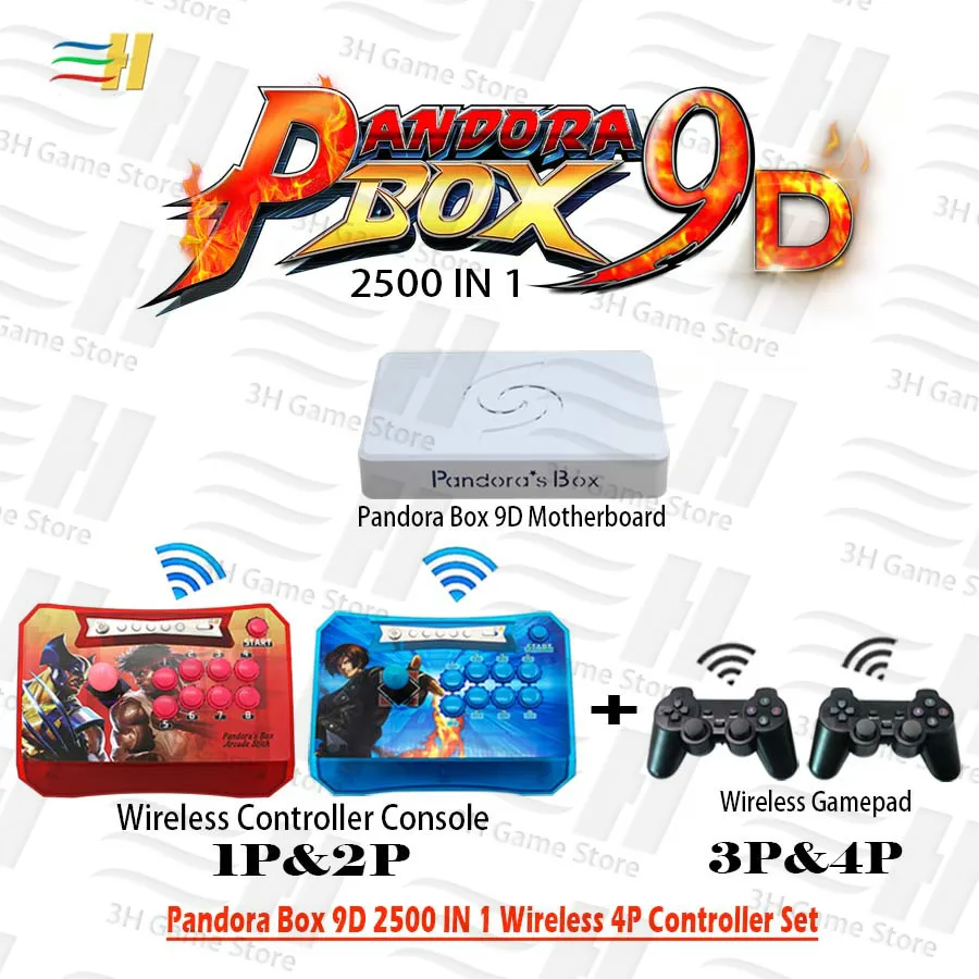 Pandora Box 9D Wireless 4 Players Set 2500 in 1 have 3D game Wireless arcade stick controller and g