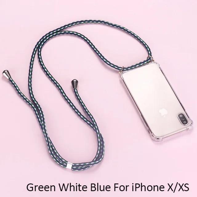 Ремешок шнурок сеть шнурки чехол для телефона для iPhone XS X Цепочки и ожерелья Мобильный Обложка Прозрачный мягкий TPU чехол для того, чтобы повесить на Apple iPhone X XS - Цвет: Green White Blue