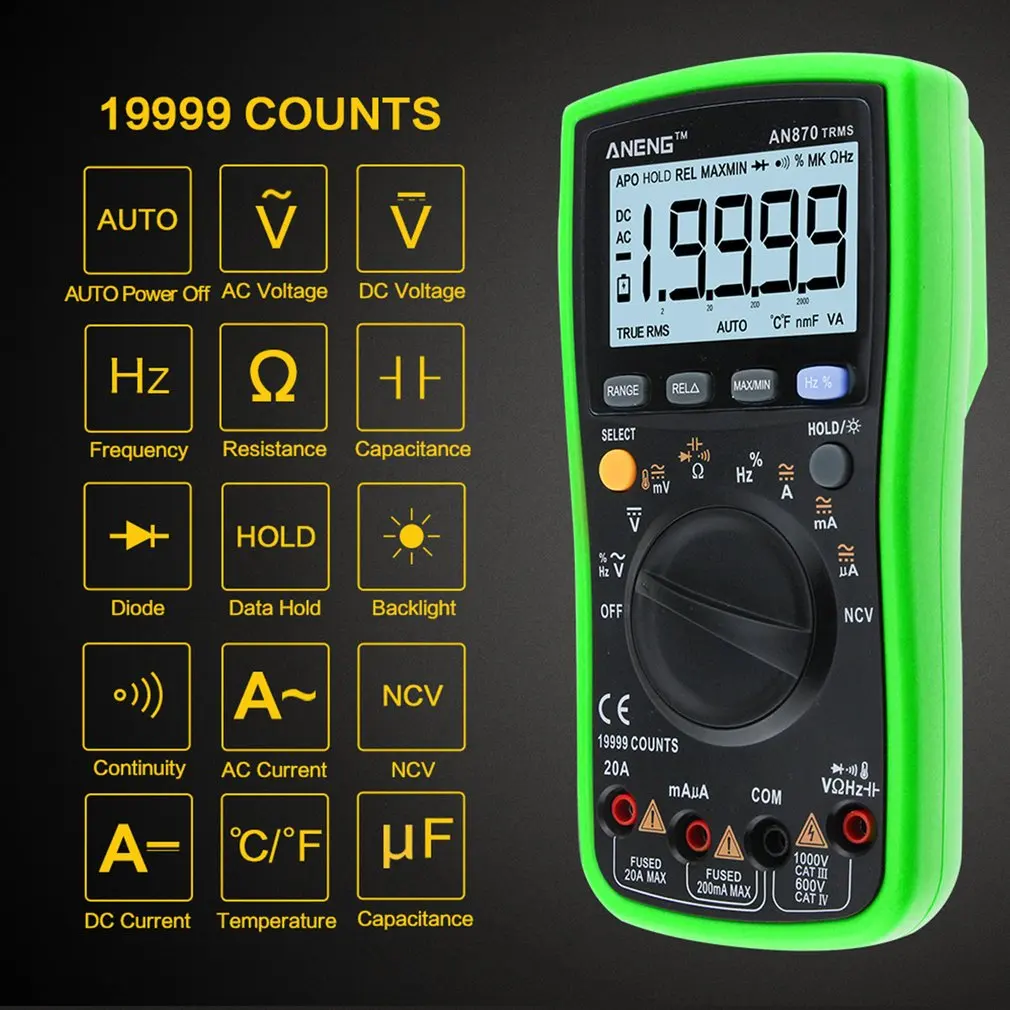ANENG AN870 Цифровой мультиметр 19999 отсчетов True RMS AC/DC Вольт Ампер Ом Емкость Частота Температура NCV транзисторный тестер