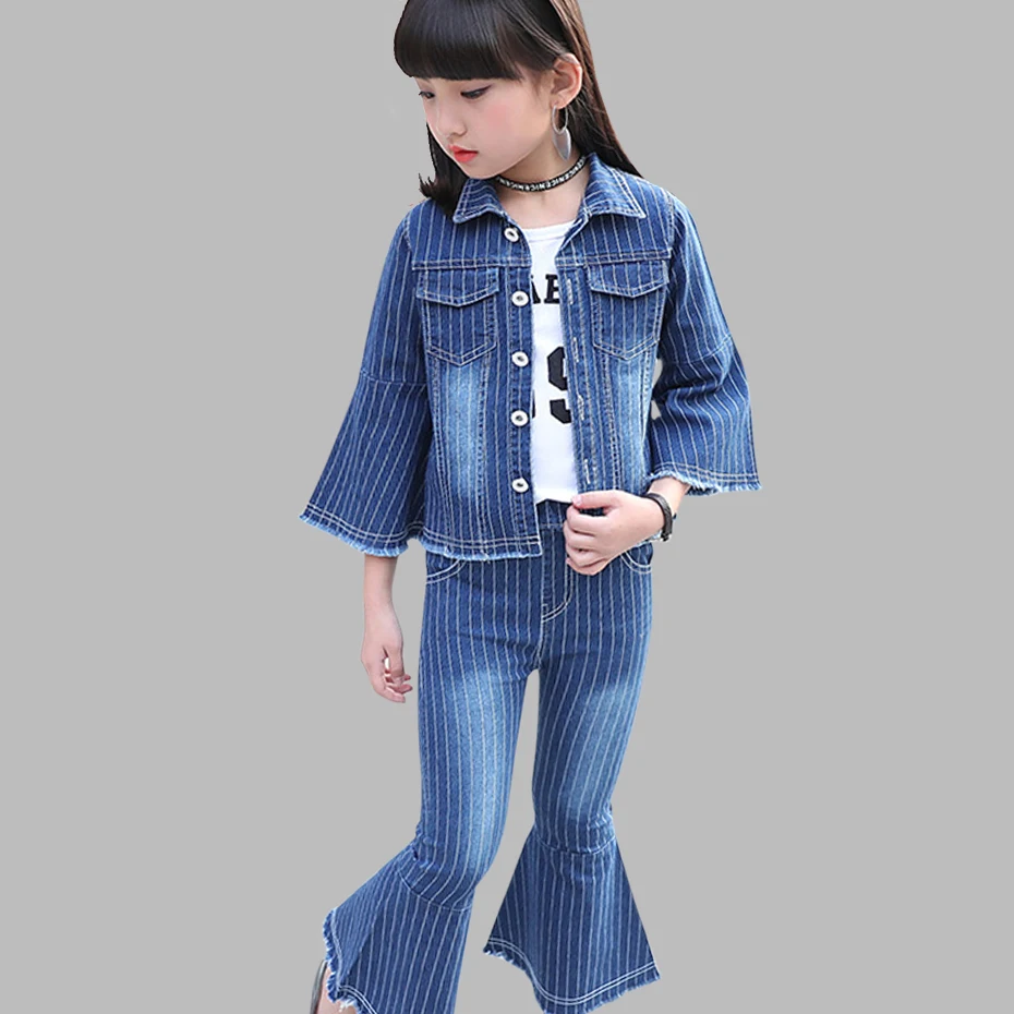Одежда для девочек однотонная джинсовая куртка + штаны 2 предмета одежда весенне