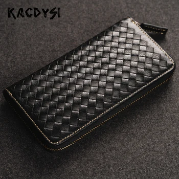 

2020 Design Real Cow Leather Handwoven Long Unisex Wallets Braiding Men Clutch Bag Zipper Vintage Popular Purse Wallet Card Case