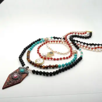 

18" 4 Rows round White freshwater Pearl Tiger Eye blue howlite Red stone Charm statement Necklace wood pendant for women