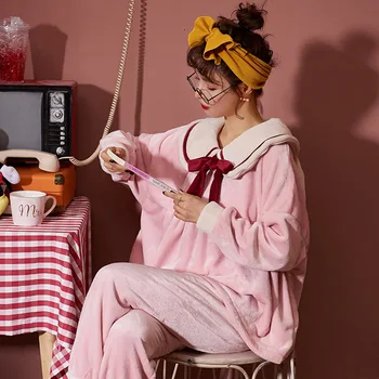 

New Women Pajamas Autumn Winter Sweet Long-sleeve Pullover Bow Solid Top Pants Two Piece Loose Plus Velvet Warm Home Sleepwear
