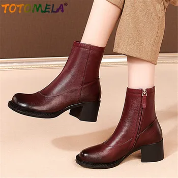 

TOTOMELA 2020 top quality genuine leather shoes women ankle boots round toe zip thick heel vintage autumn winter shoes woman