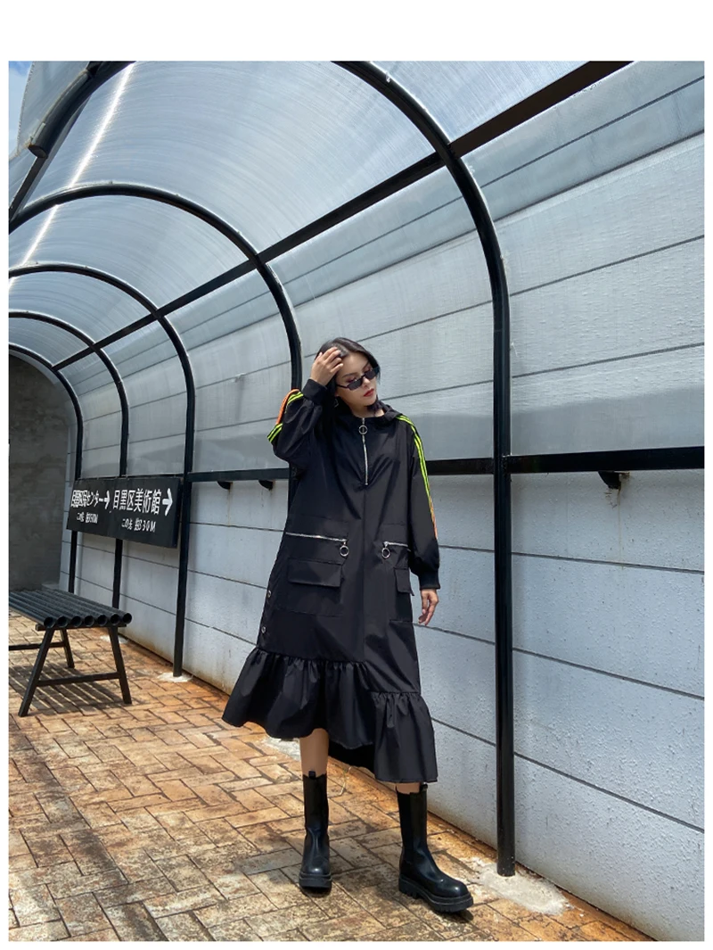 [EAM] Women Black Striped Ruffles Long Big Size Long Dress New Hooded Long Sleeve Loose Fit Fashion Spring Autumn 2020 1DA229