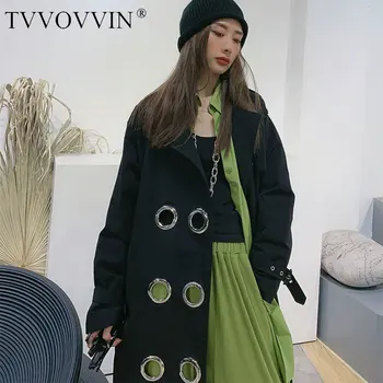 

TVVOVVIN Trench Coat Streetwear Women Trend Metal Circle Decoration Loose Plus Size Personality Windbreaker Autumn New WJ1307