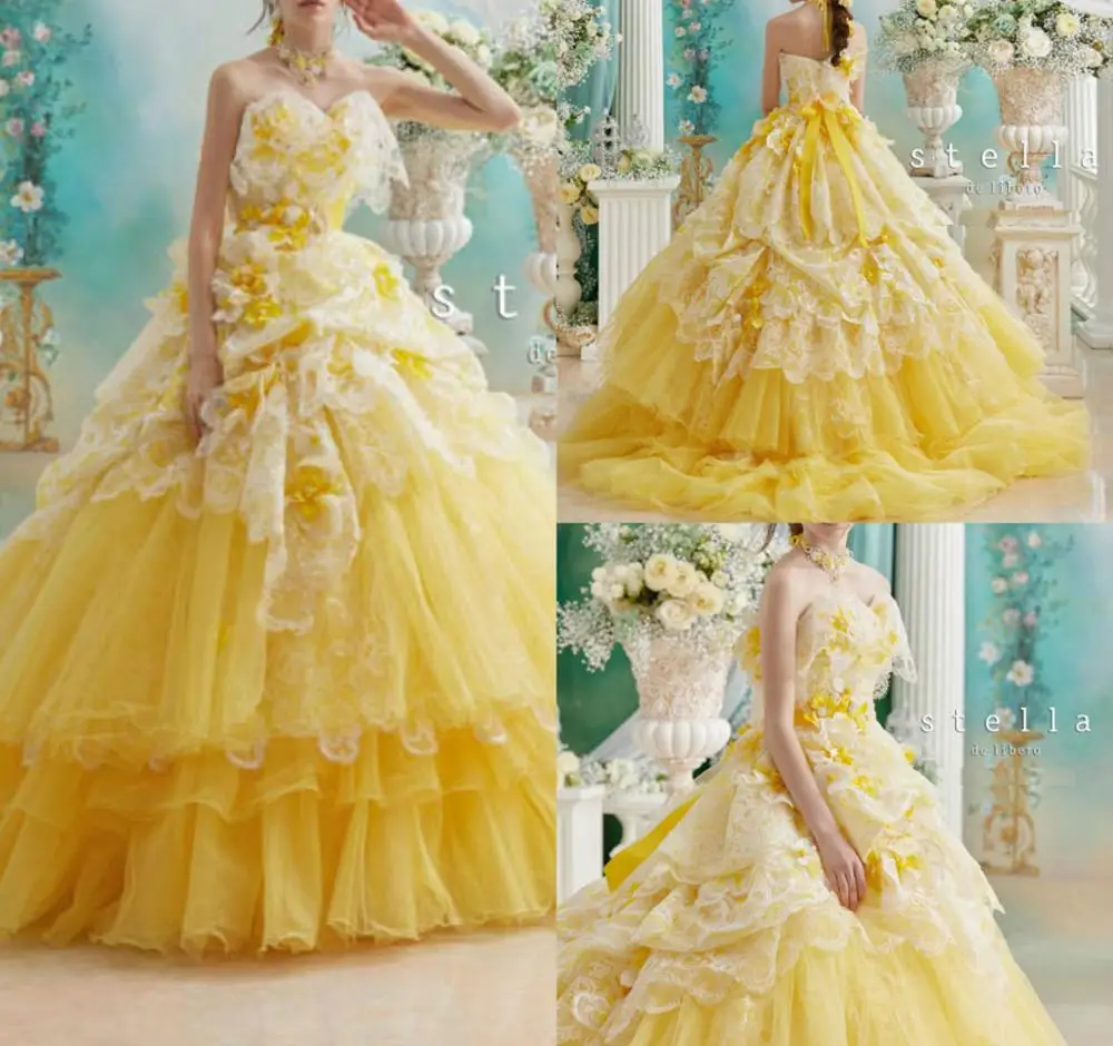 Платья Quinceanera желтого цвета Милая аппликация на шнуровке платье для выпускного вечера праздничная одежда многоярусные юбки с оборками Формальные Вечерние платья