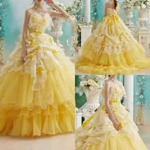 Платья Quinceanera желтого цвета Милая аппликация на шнуровке платье для выпускного вечера праздничная одежда многоярусные юбки с оборками Формальные Вечерние платья