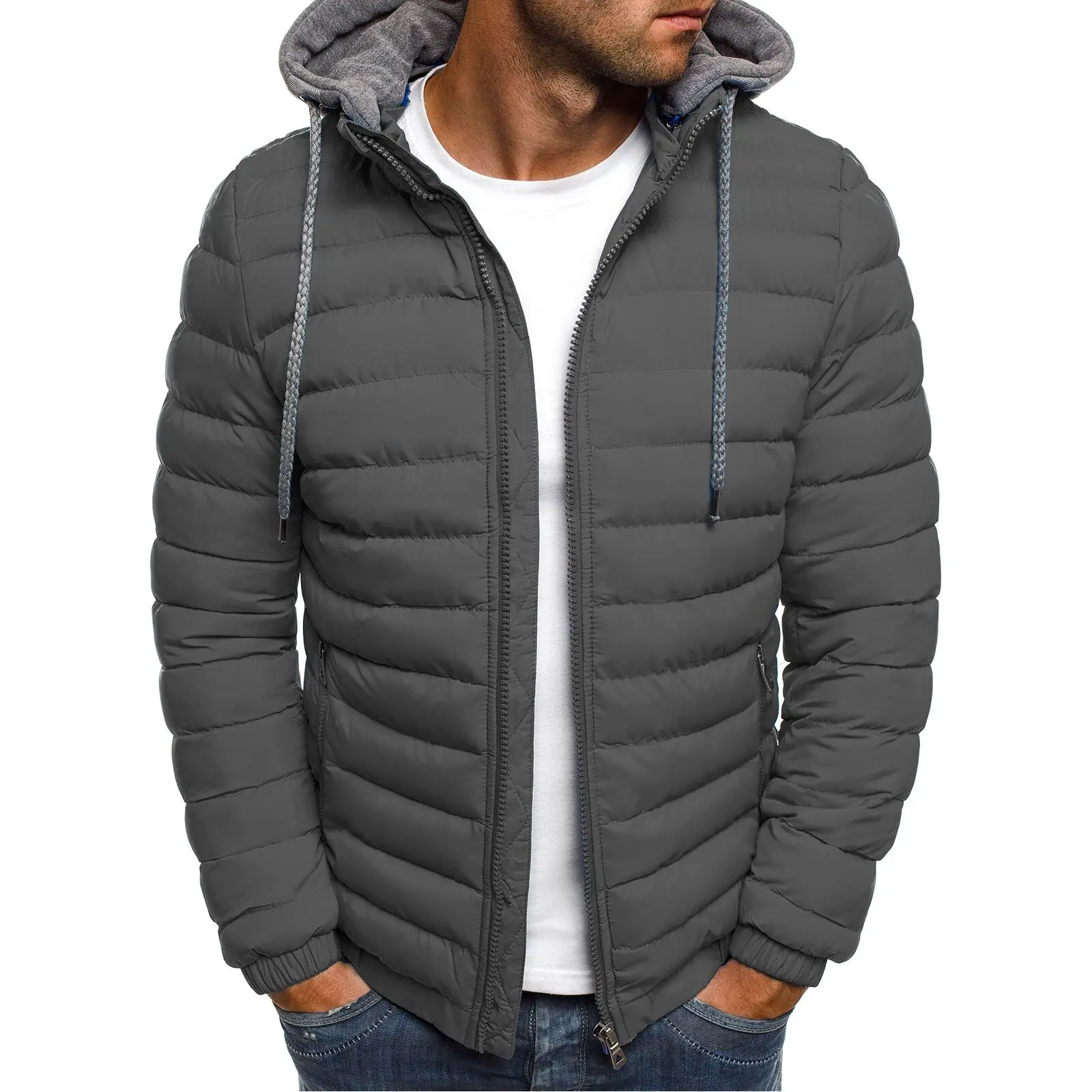 Winter Cotton Men's Down Jacket Hooded Long Sleeve Cardigan Zipper Pockets Solid Thick Fashion Casual Down Jacket black puffer