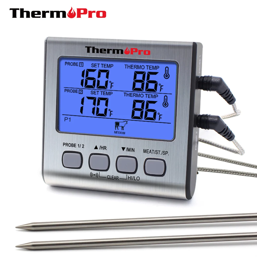 ThermoPro TP17 Dual Probe Outdoor Cooking Meat Thermometer Large LCD  Backlight Food Grill Thermometer with Timer Mode for Smoker - AliExpress
