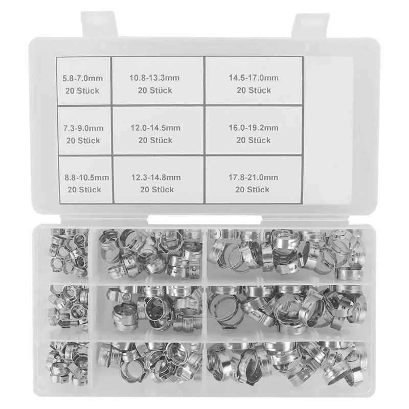 

180Pcs/Set 5.8-21mm Stainless Steel Adjustable Ear Hose Clamps Hose Clamps Single Ear Clamps