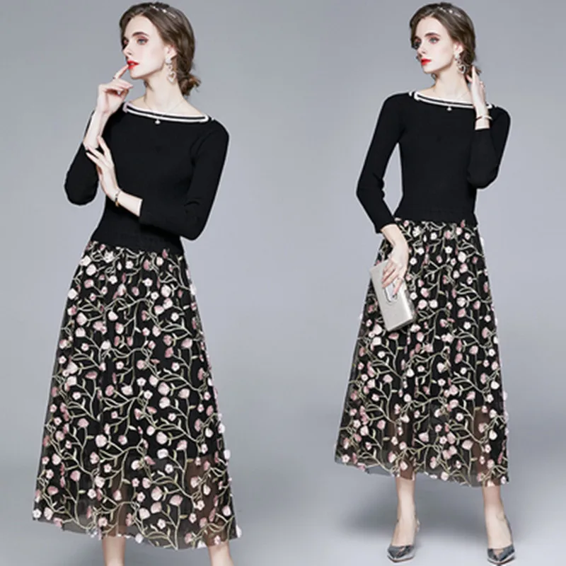 

High-End Women Temperament One Word Collar Knitting Splicing Slim Dress Fashion Female Embroidery Mesh Elegant Vestidos