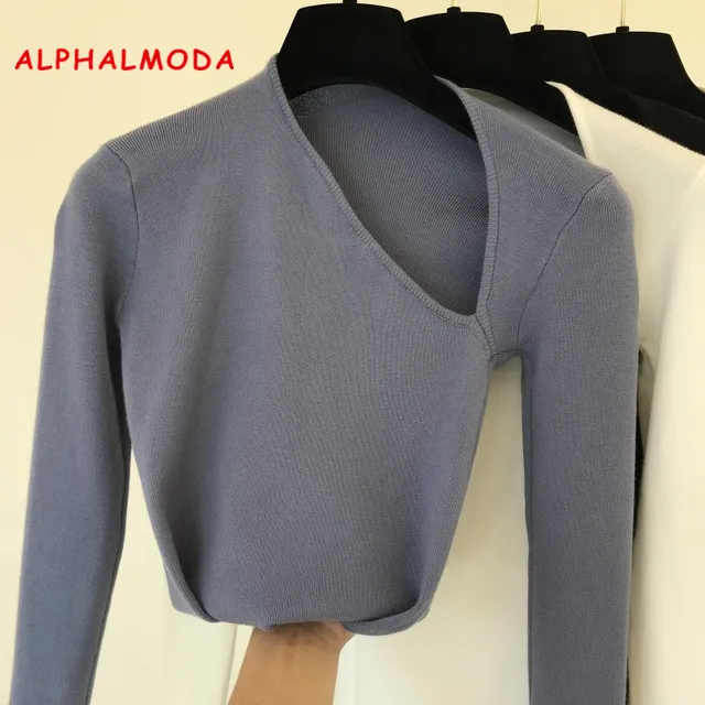 US $13.93 Fall 2019 New Han Fanins Individual Slant-collar Small Design Westernized Core-spun Yarn Slim Top K