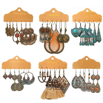 

2020 New Boho Big Geometry Multicolor Crystal Drop Earrings for Woman Vintage Indian Resin Stone Tassel Earrings Set Jewelry