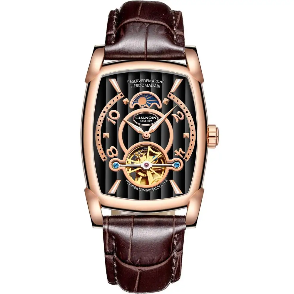 GUANQIN Tourbillon часы Автоматические Брендовые мужские механические роскошные часы Скелет прямоугольник кожа золото мужские часы - Цвет: A