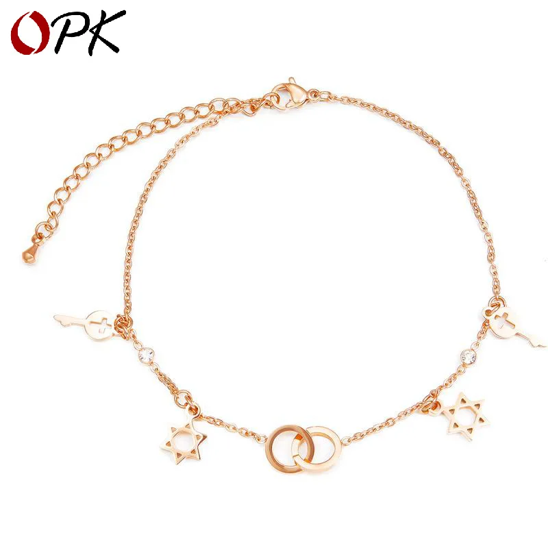 

OPK Accessories Japanese Korean MORI Series Hexagram Titanium Steel Anklet-Style Rose Golden Key Women's Circular Ring Foot Orna