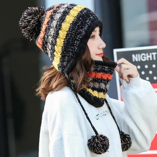 Designer Women Hats Girls Winter Pom Pom Hat Acrylic Knitted Thickening Warmth Beanie Hats And Scarves Outdoor Streetwear - Цвет: Черный