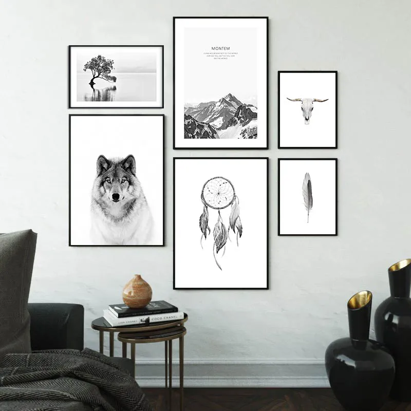 Скандинавский плакат черный белый пейзаж Волк череп стена в скандинавском стиле отпечатанная на холсте картина Картина живой декоративный постер для комнаты