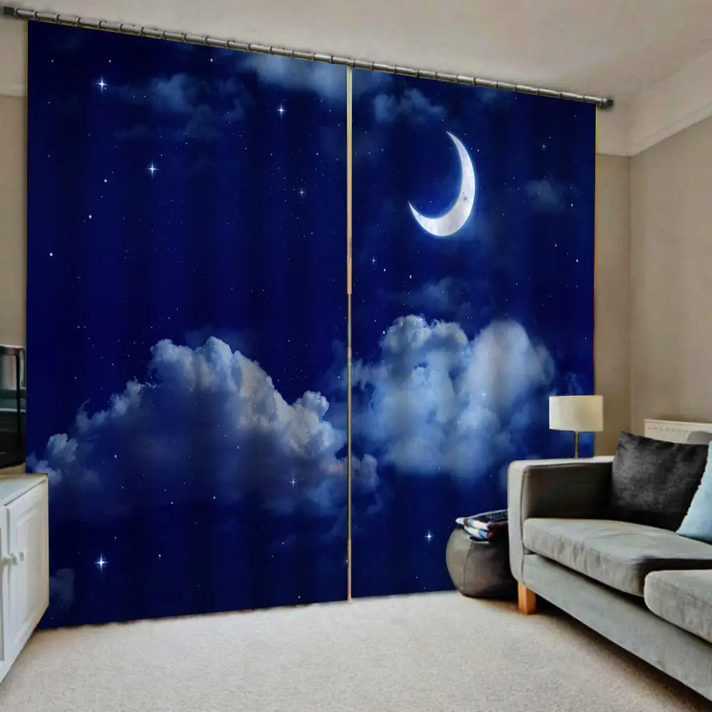 Drapes Living room Bedroom Decor 2 Panels HooksWindow Curtains night blue sky curtains moon curtain