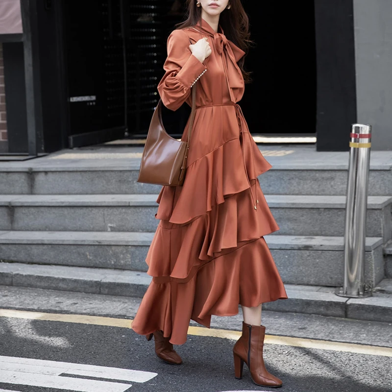 TWOTWINSTYLE асимметричное платье с рюшами для женщин, круглый вырез, фонарь, длинный рукав, высокая талия, платья женские, осенняя мода, новинка