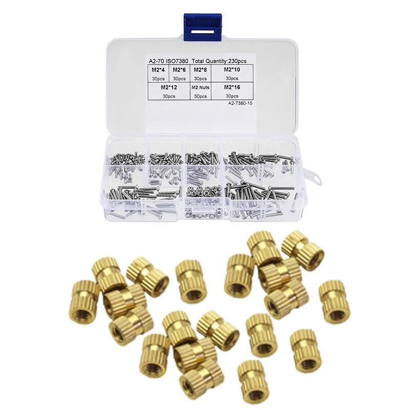 

230 Pcs M2 304 Stainless Steel Hex Socket Button Head Cap Bolts Screws Nuts Kit & 20 Pcs M2X3mmx3.2mm Female Threaded Brass Knur