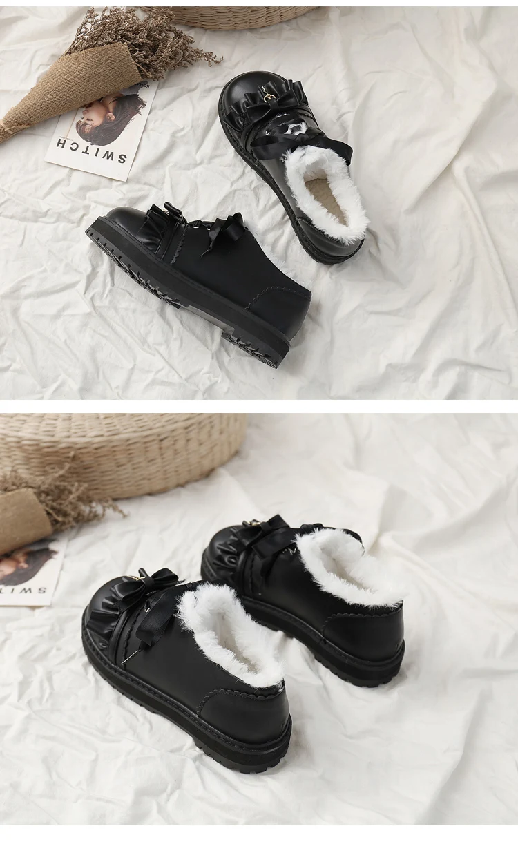 Зимние японские милые туфли с ремешками, туфли в стиле «Лолита» в винтажном стиле, круглый носок, толстая подошва, женская обувь с вельветом, сохраняет тепло, с бантом, обувь Kawaii лоли