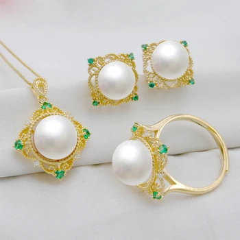 

MeiBaPJ Real 925 Sterling Silver Square Green Stone Jewelry Set Big Pearl Pendant Ring Earrings Wedding Jewelry for Women