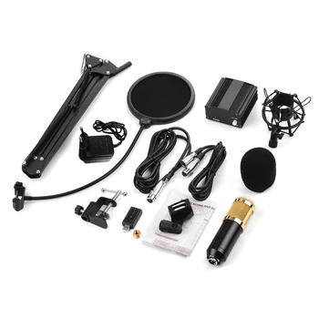 

Condenser Microphone Kit with Shock Proof Holder Adjustable Metal Arm Stand Foam Cap 48V Phantom Power Pop Filter Soundcard