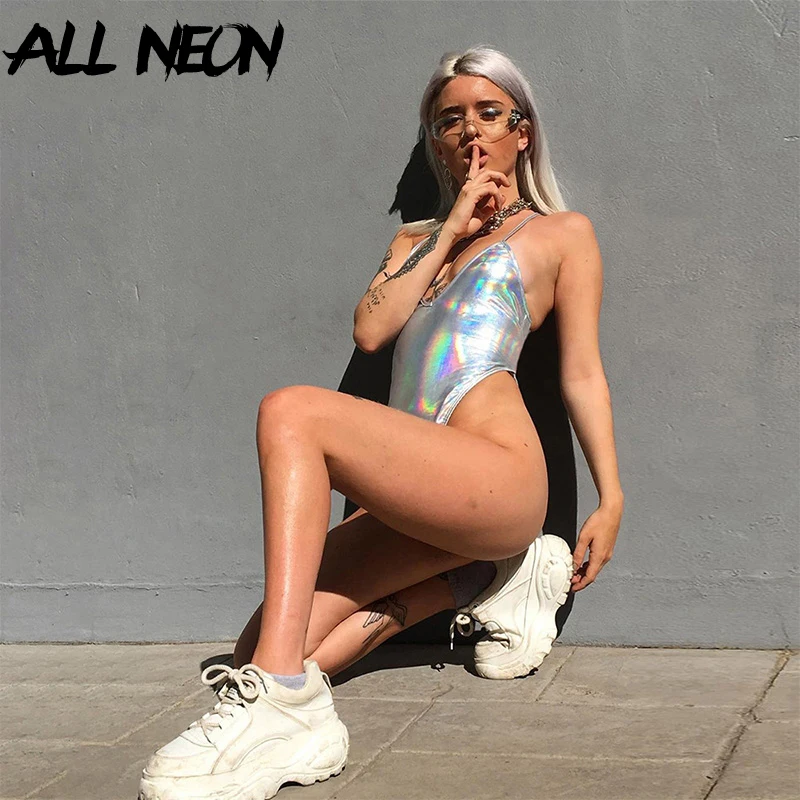 

ALLNeon Sexy Bodysuits for Women Deep V Striped Backless Body Suits Holographic Rompers Skinny Fashion Ladies Reflective Body