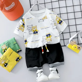 

Summer Baby Boy Outfit Toddler Cartoon Print Bear Short Sleeve T-shirt+Black Shorts Two Piece Newborn Set Brand Cotton Baby Suit