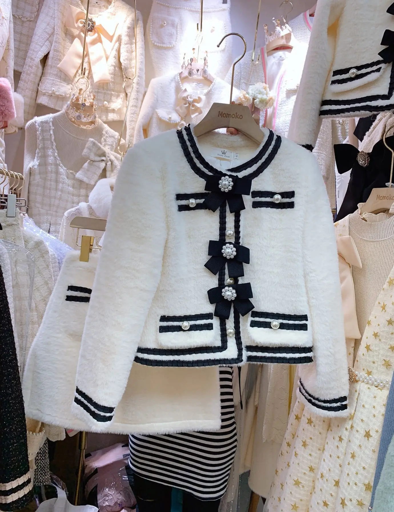 

2019 Winter New Style Elegant Slimming Fashion WOMEN'S Suit Mink Cashmere Bow Coat High Waist Skirt Two-Piece Set