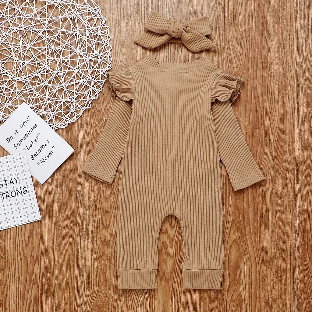 Ползунки для новорожденных; комбинезон+ головной убор с длинными рукавами; гофрированная однотонная хлопковая удобная одежда для маленьких мальчиков и девочек