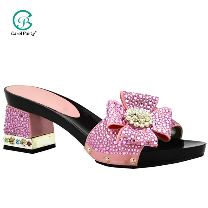

New Arrivals Pink Color Decorated With Rhinestone Shoes And Bag Set Italian Design Matching Shoes And Bag Set For Wedding Party