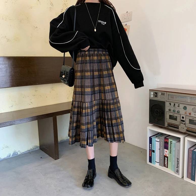 Женская Клетчатая Шерстяная Юбка в стиле ретро Harajuku, свободная плиссированная юбка с высокой талией, женская простая облегающая трапециевидная юбка для женщин