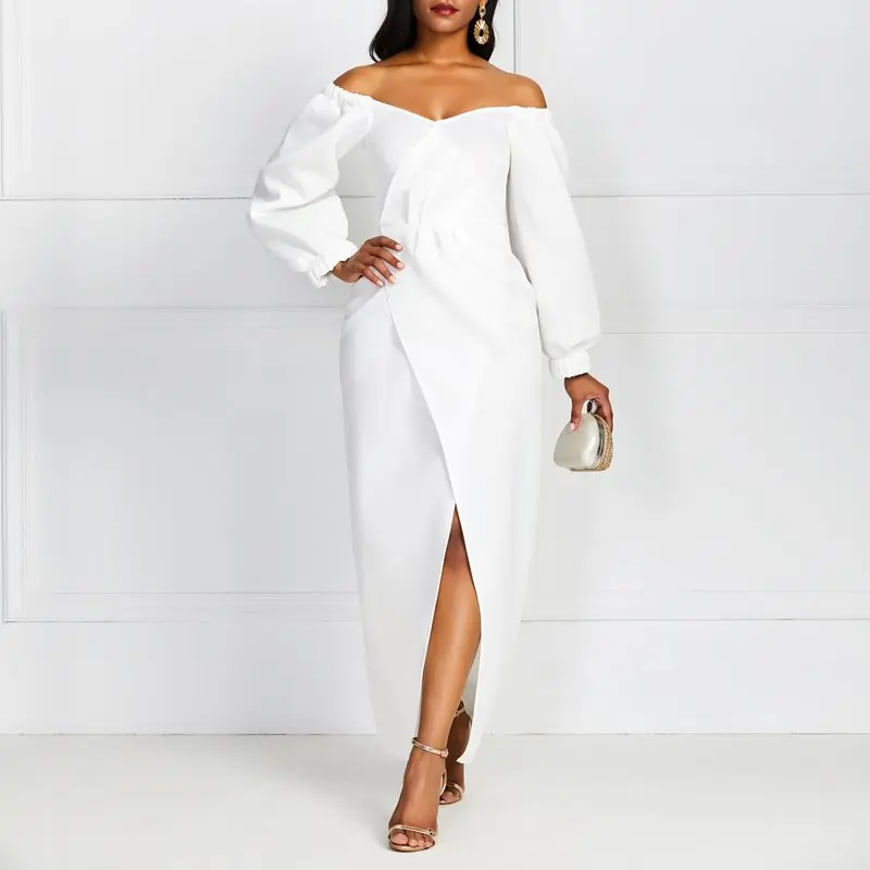 

White Sexy Puff Sleeve V-neck Irregular Dress Women Fashion Long Dresses 2019 High Quality Steetwear High Waist Asymmetric Dress