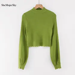 SheMujerSky женский укороченный Топ свитер вязаный однотонный джемпер с длинными рукавами и круглым вырезом пуловеры 2019