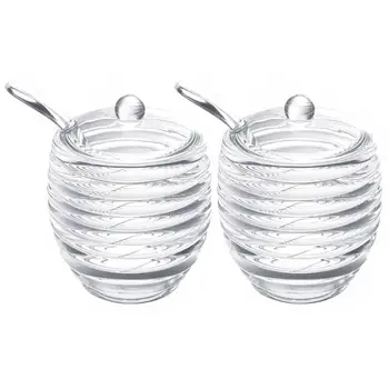 

2pcs Acrylic Honey Jar Pot Juice Honey Syrup Storage Bottle with Spoons