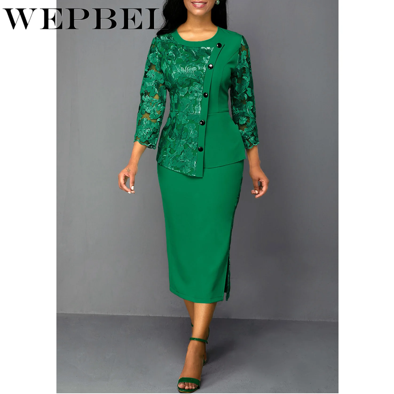 

WEPBEL Women's Lace Stitching Hollow Out Suit Autumn Three-Quarter Sleeve Slim Single-Breasted O-Neck Top + Pencil Skirt Suit