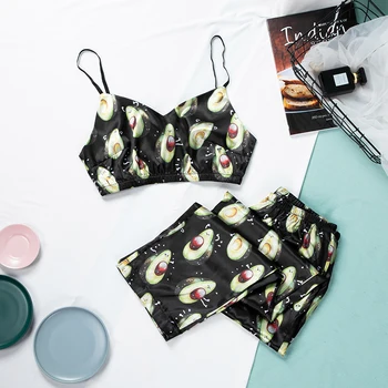 

HECHAN Avocado Pattern Female Sleepwear Set V Neck Sleeveless Spaghetti Strap Pants Satin Pajamas Women Sexy Home Suit Casual