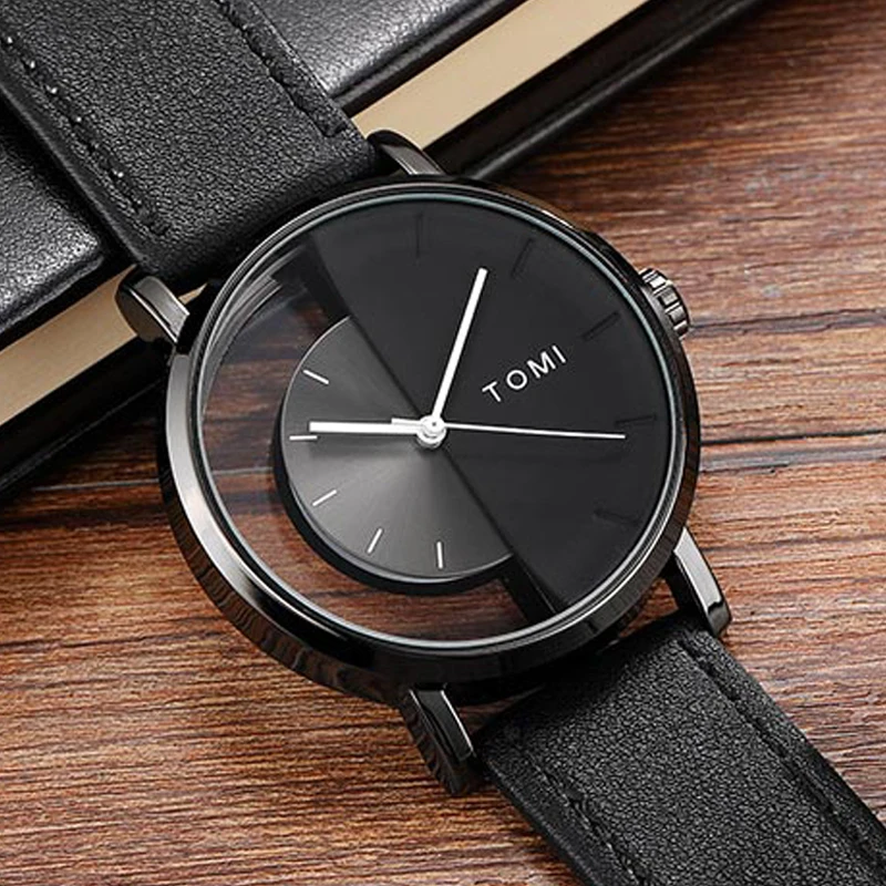 Unique Creative Half Transparent Unisex Watch clock For Men Women Couple Geek Stylish Leather Wrist watches Fashion Quartz watch queens of geek