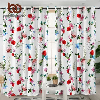 

BeddingOutlet Floral Pink Curtain Rose Bedroom Curtain Watercolor Flower Blackout Curtains Branches Leaf Luxury Curtain 1-Piece
