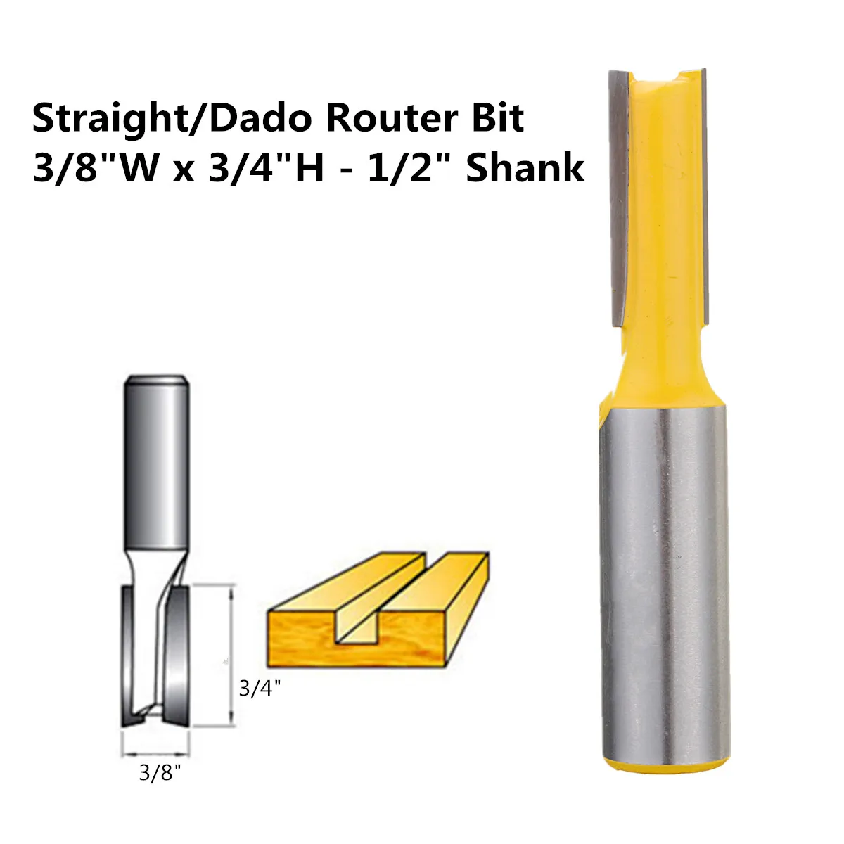 

1/2 Inch Shank Straight/Dado Router Bit 3/8W x 3/4H Straight Cutter For Woodworking