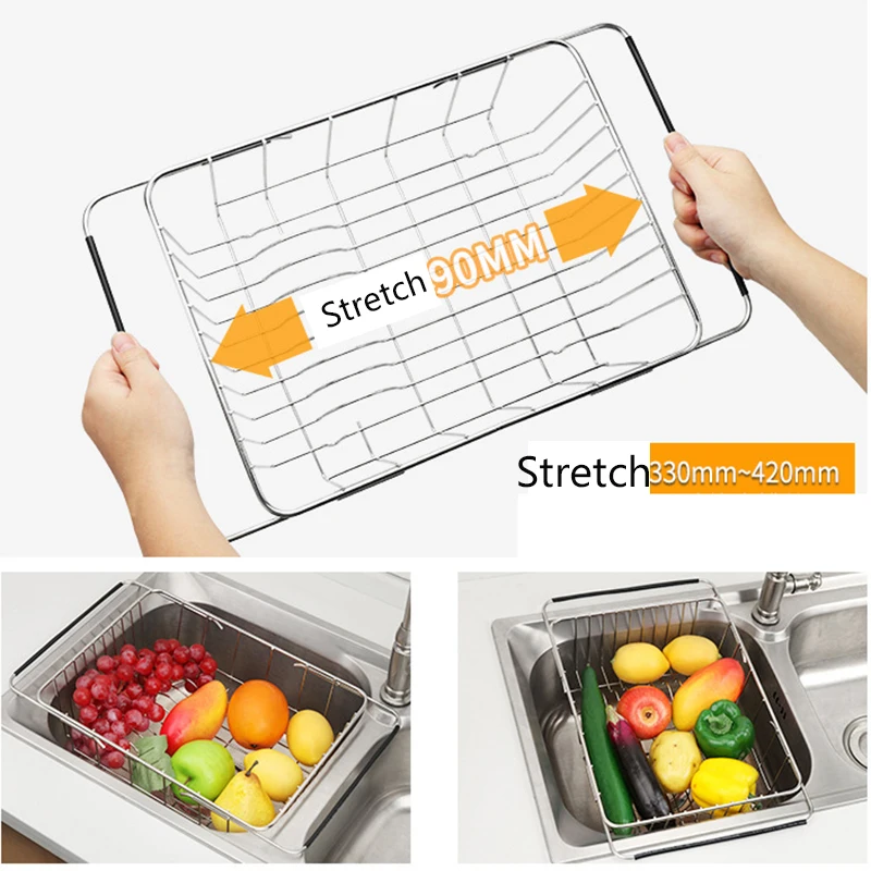 

Fruit Dish Drying Sink Drain Rack Strainer Adjustable Stainless Steel Basket For Kitchen Storage Holder Vegetable Wash Organizer