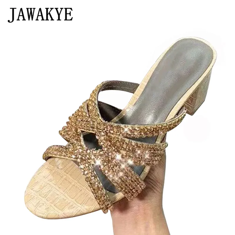 

2019 Chic Crocodile Leather Slippers for Women Open Toe Chunky Heels Runway Sandals Cut Outs Crystal Diamond Party Shoes Woman