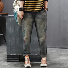 Женские джинсы деним брюки вышивка царапины Ретро Винтажные модные повседневные большие свободные длинные на осень зиму AZ17321619